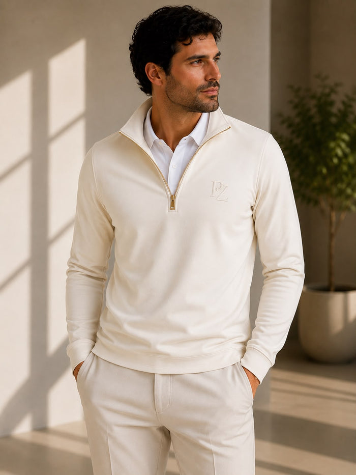 The Polo Zip in Cream — Men's quarter-zip polo