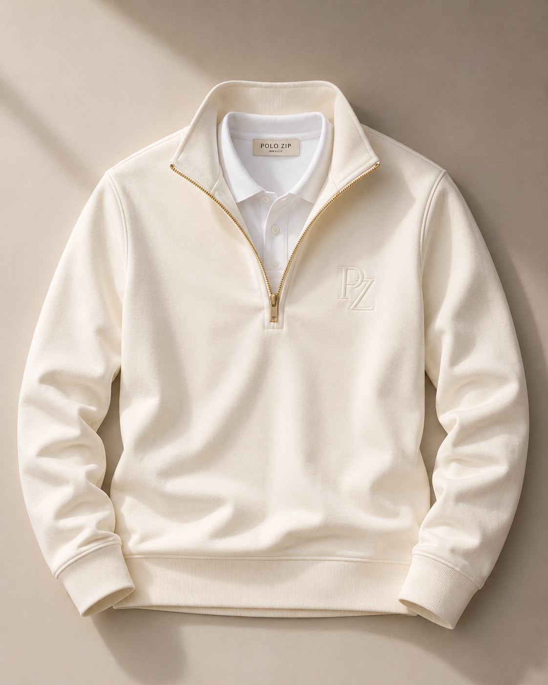 The permanently integrated polo collar, shown in Cream